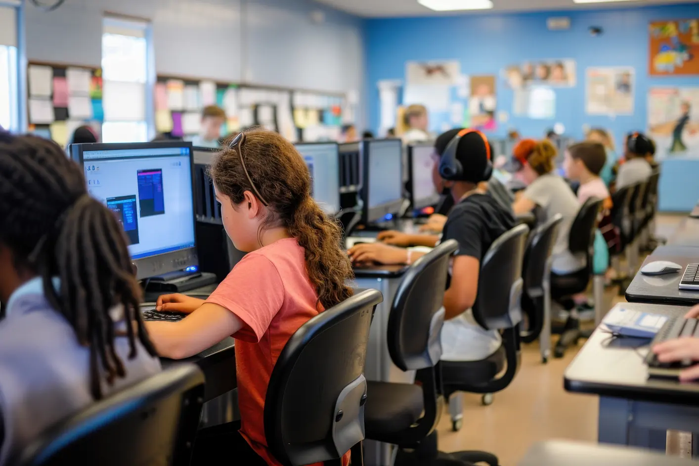 Computer Lab Filled with Students Learning Type Use Educational Software