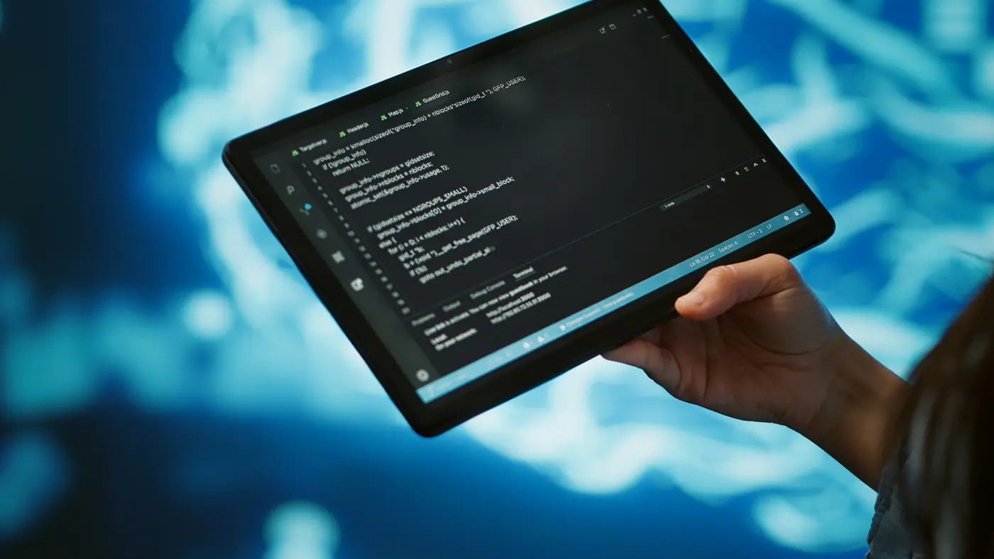 IT professional using tablet building AI algorithms