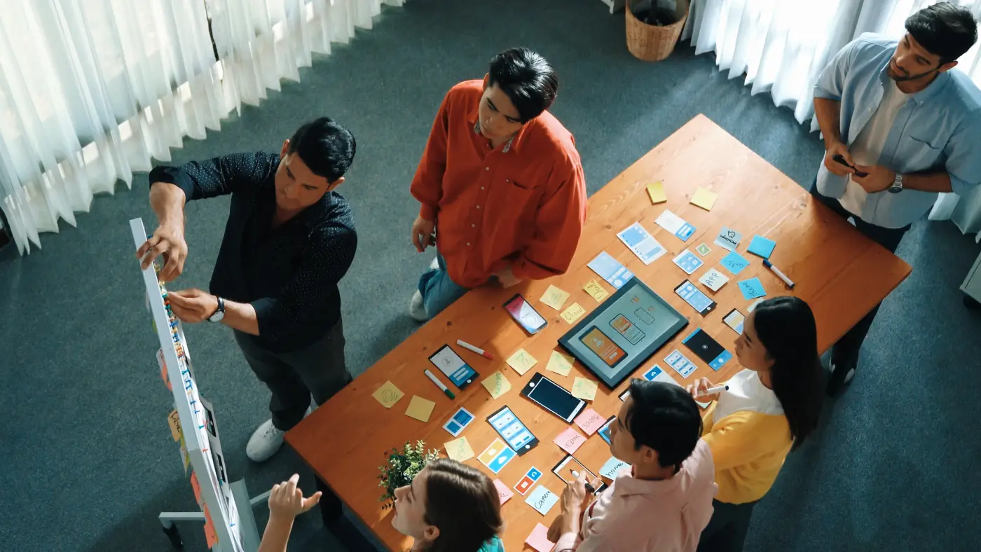 Top view diverse people writing stick sticky notes board convocation