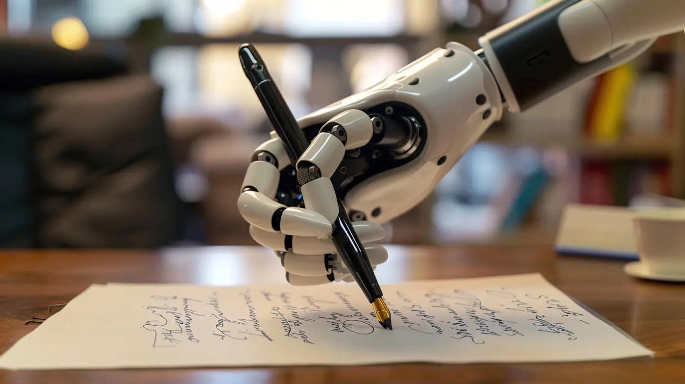 Humanoid robot arm is writing with pen
