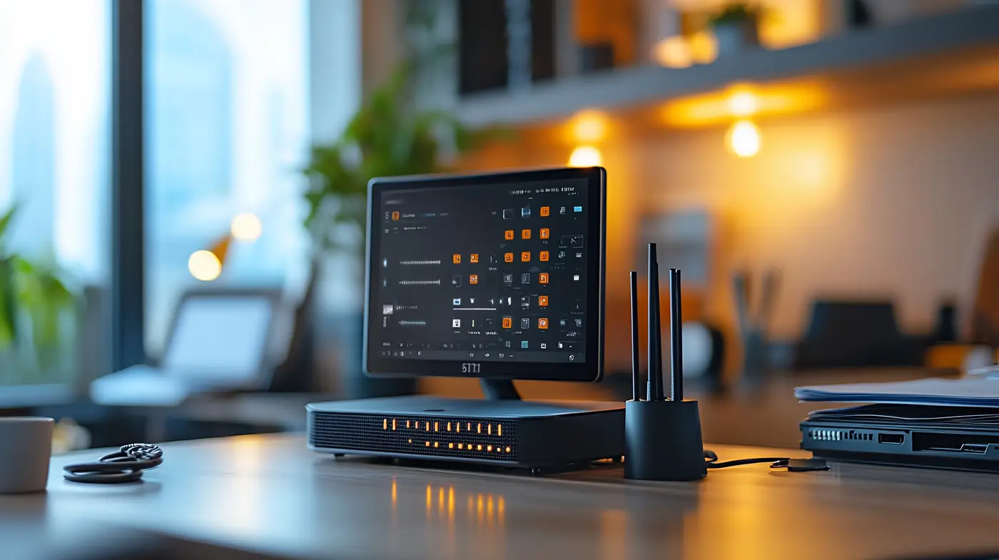 Modern workspace with computer setup organized desk city view background